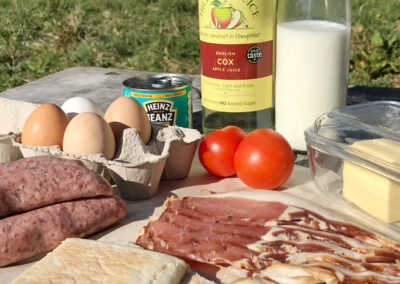 Full English Breakfast ingredients is one of our Booking Extras, seen here on the outdoor table in the sunshine